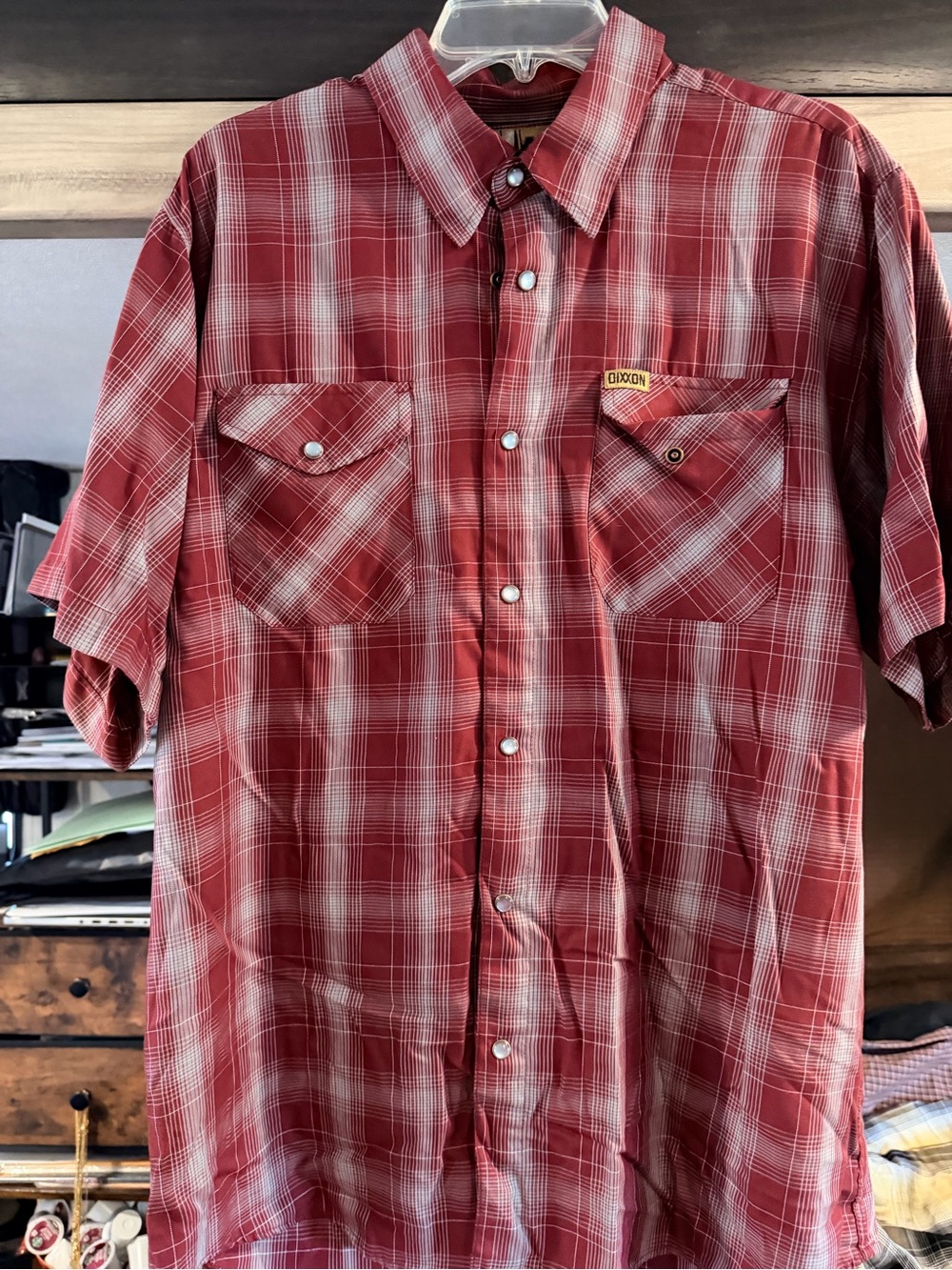 DIXXON Red and White Plaid Short-Sleeve Button-Up Shirt (snaps)
